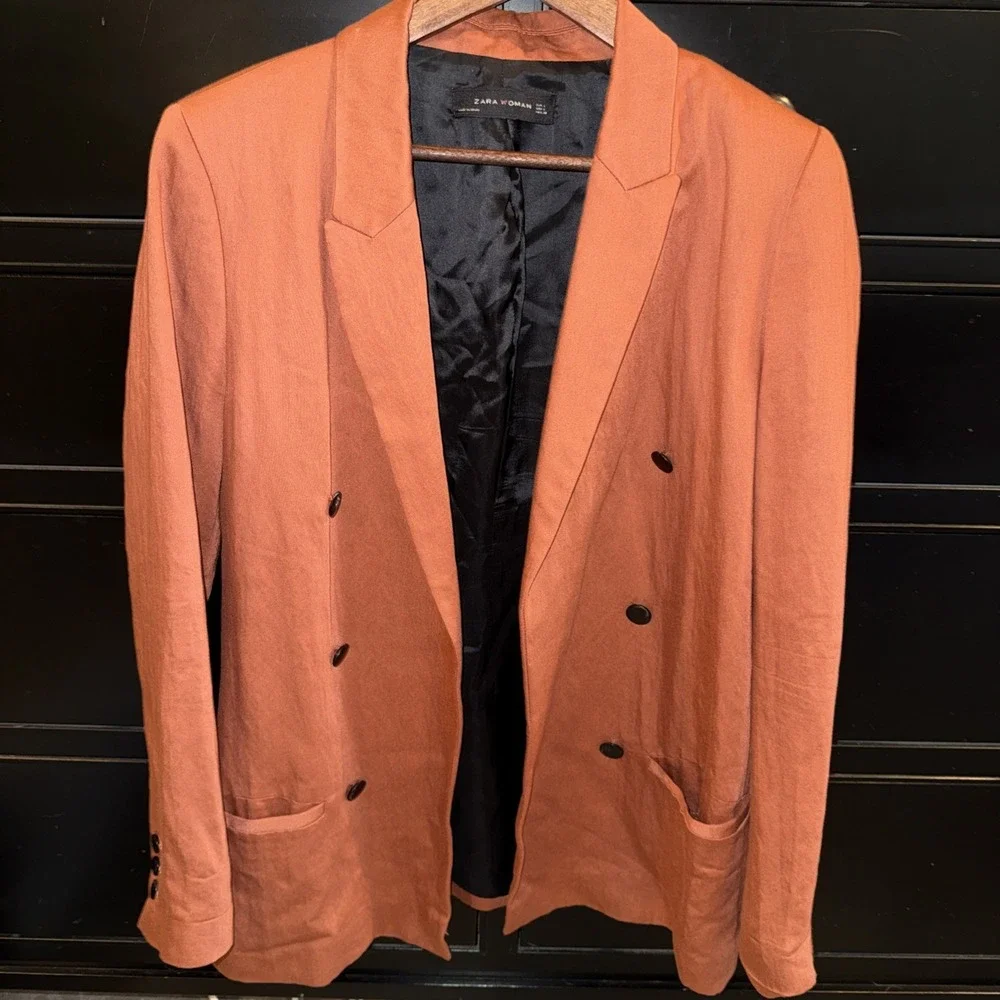 ZARA WOMAN LONG DOUBLE BREASTED JACKET‎ COAT BLAZER ORANGE RUSSET - Large
